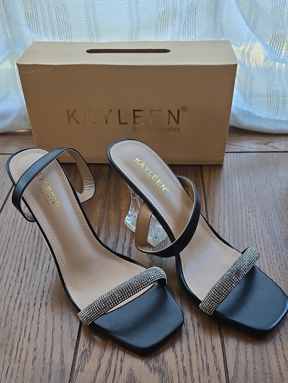 Kyleen by Los Angeles Black Rhinestone Clear Heel Sandals - Size 10 (NWB)